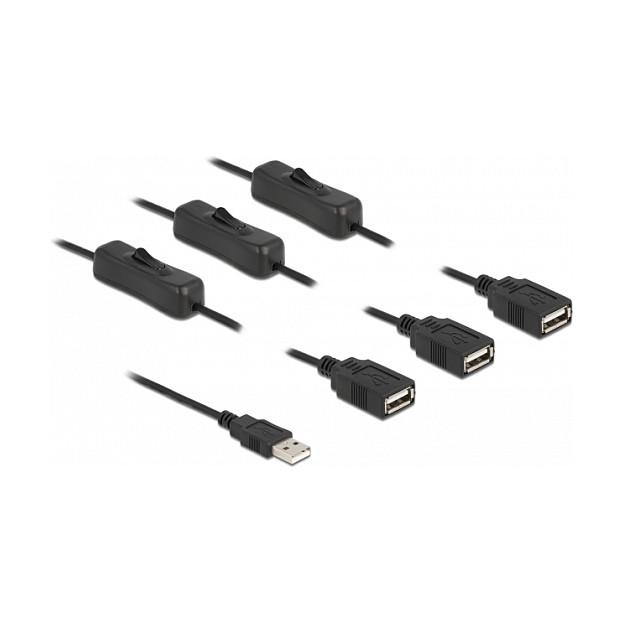 Kabllo për Furnizim me Energji DeLOCK 86804, USB-A në 3x USB-A, 1m, 5V, 2A, 3x Switch - Zezë
