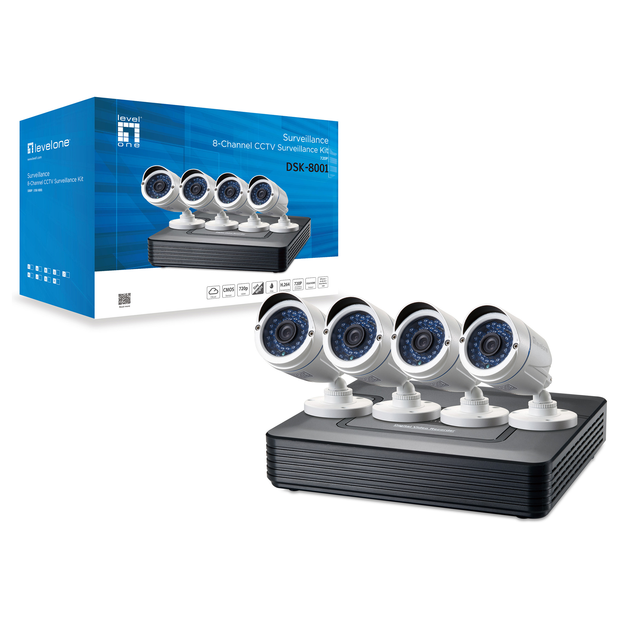 Kit për Kamera Sigurie Analog HD CCTV LevelOne DSK-8001 / 4x Kamera / DVR 8 Kanale / 2MP / BNC / IR 30m / IP66 - 3