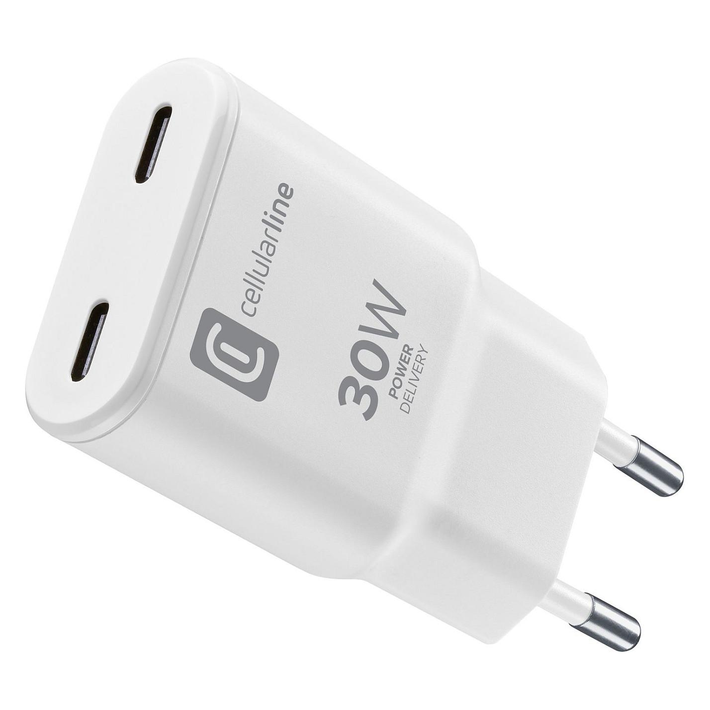 Karikues Cellularline ACHUSBC2GANSL30WW / 30W / 2x USB-C / GaN / PD / Fast Charging - Bardhë