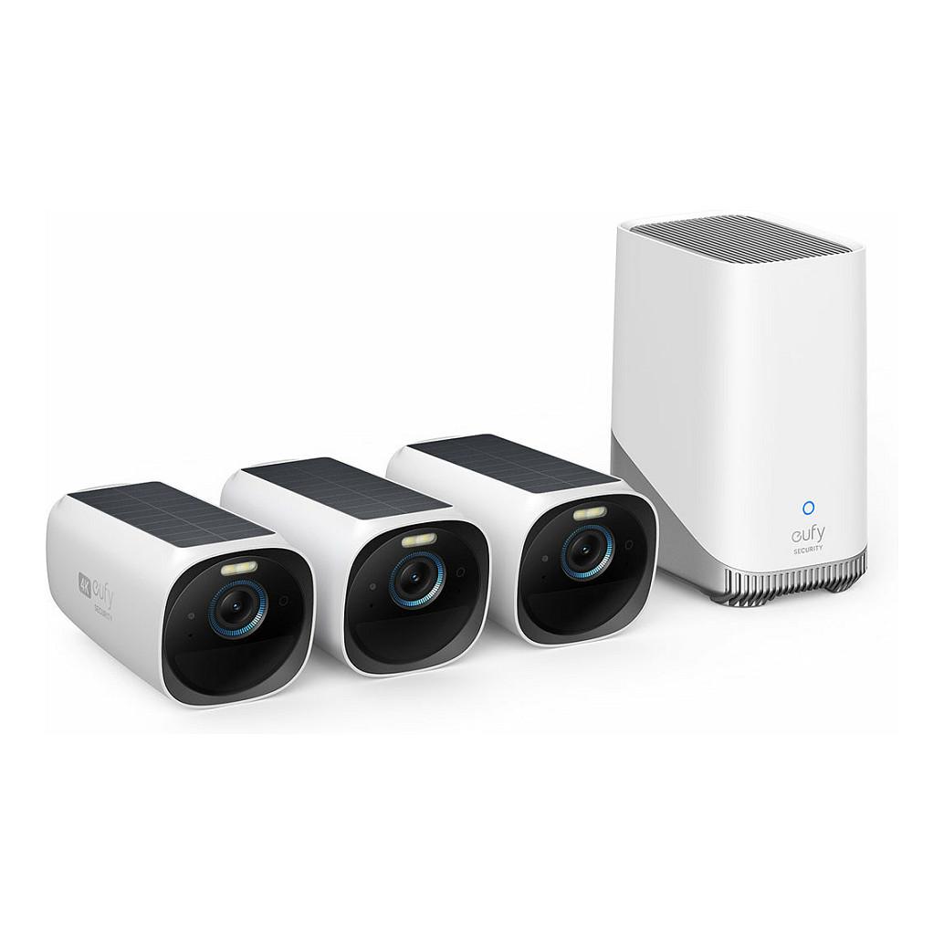 Kamerë Sigurie IP CCTV Anker Eufy eufyCam S330 (eufyCam 3) 3-Cam Kit, 4K, 135°, Wi-Fi 2.4 GHz, IR, Solar, IP67 - Zezë/Bardhë