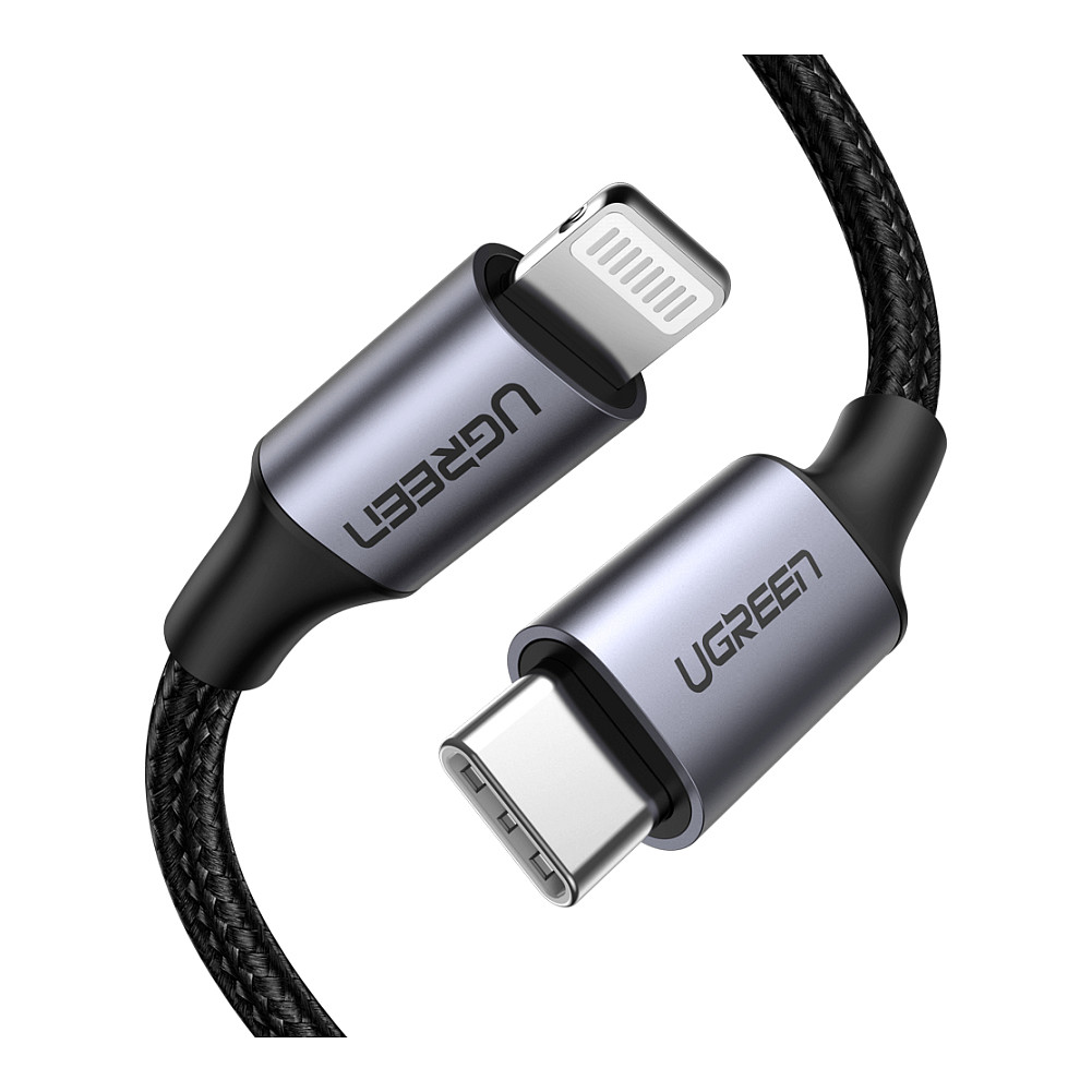 Kabllo USB Ugreen 60759 / USB-C në Lightning / 3A / 480Mbps / MFi / Najlon / 1m – Zezë
