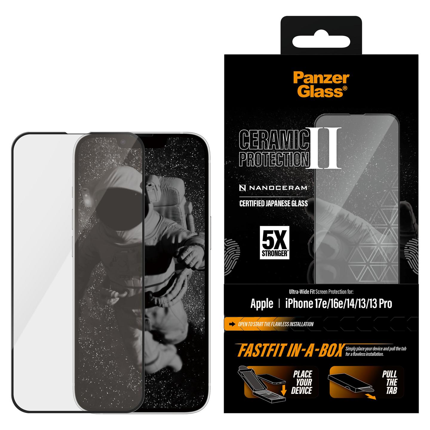 Mbrojtëse Ekrani PanzerGlass Ceramic për iPhone 16e / 14 / 13 / 13 Pro, Ultra-Wide Fit, FASTFIT IN-A-BOX - Transparente - 3