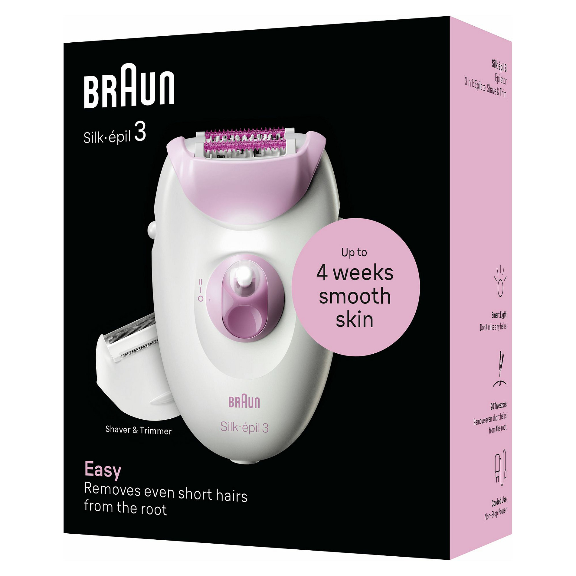 Depilator Braun Silk-épil 3 3-031 / 20 Pinceta / SmartLight / 2 Shpejtësi / Massage Roller – Bardhë/Rozë - 3