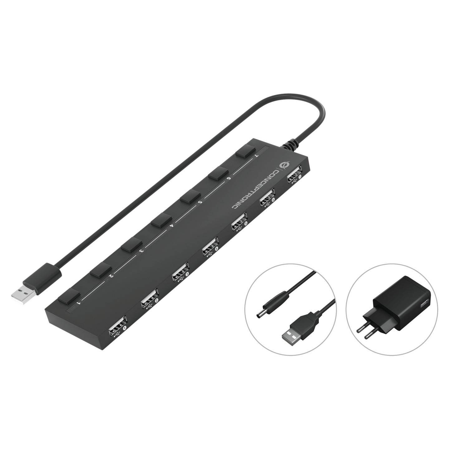 Hub USB Conceptronic HUBBIES08BP, 7x USB 2.0, 480Mbps, furnizim i jashtëm, çelësa individualë - Zezë