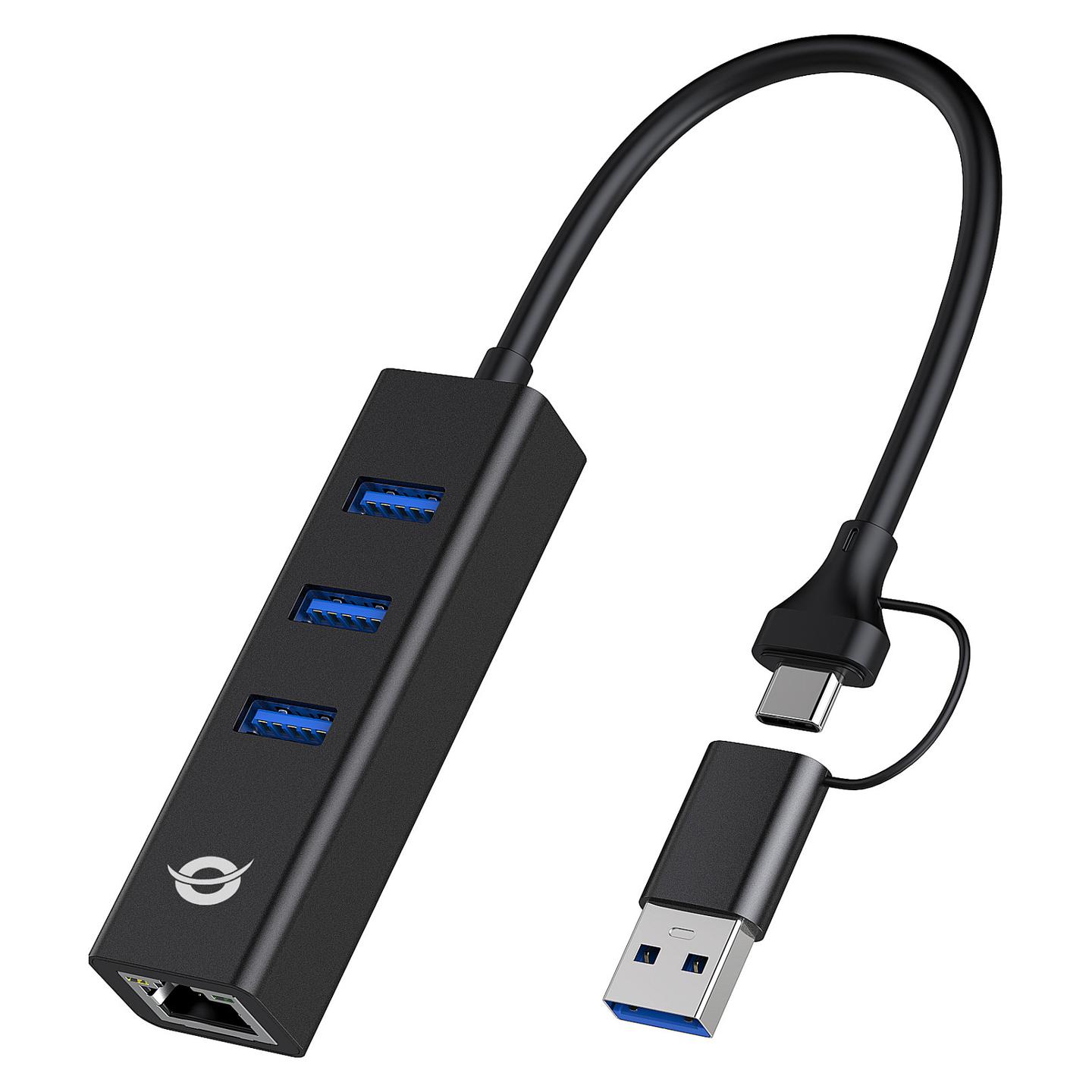 Hub Conceptronic DONN07BA, 3x USB-A, Gigabit Ethernet, USB 3.2 Gen 1, 5Gbps - Zezë