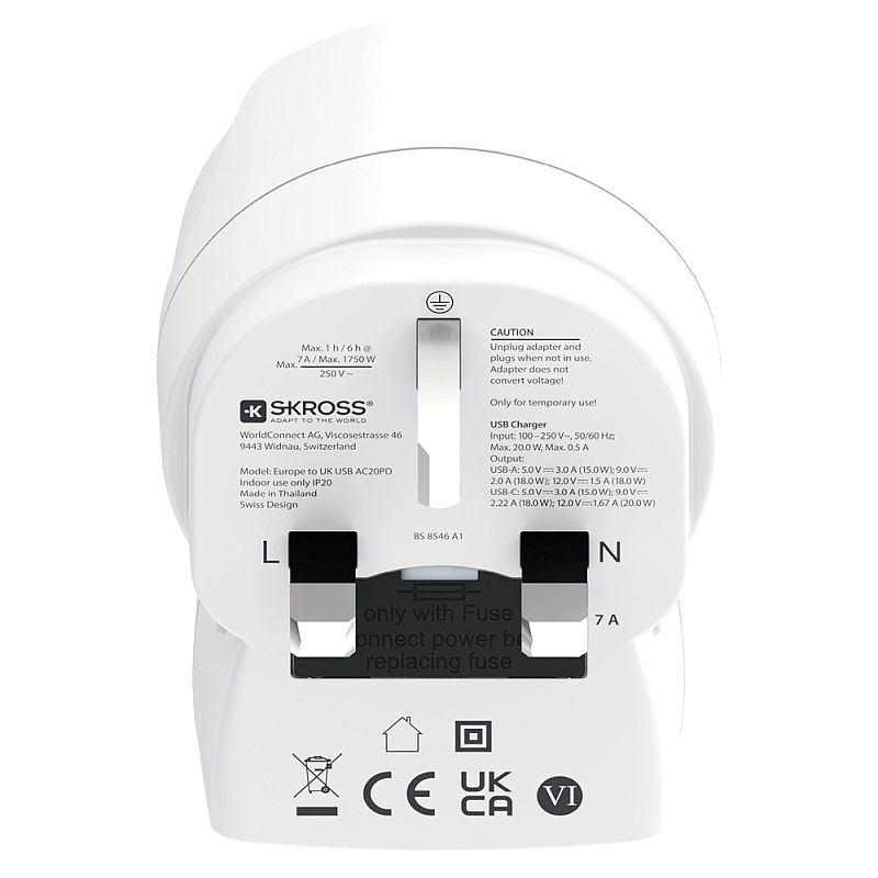Adapter Udhëtimi SKROSS Europe to UK USB AC20PD / 1x USB-C PD 20W / 1x USB-A / Type C, E & F në Type G / 2 & 3-Pin – Bardhë - 4