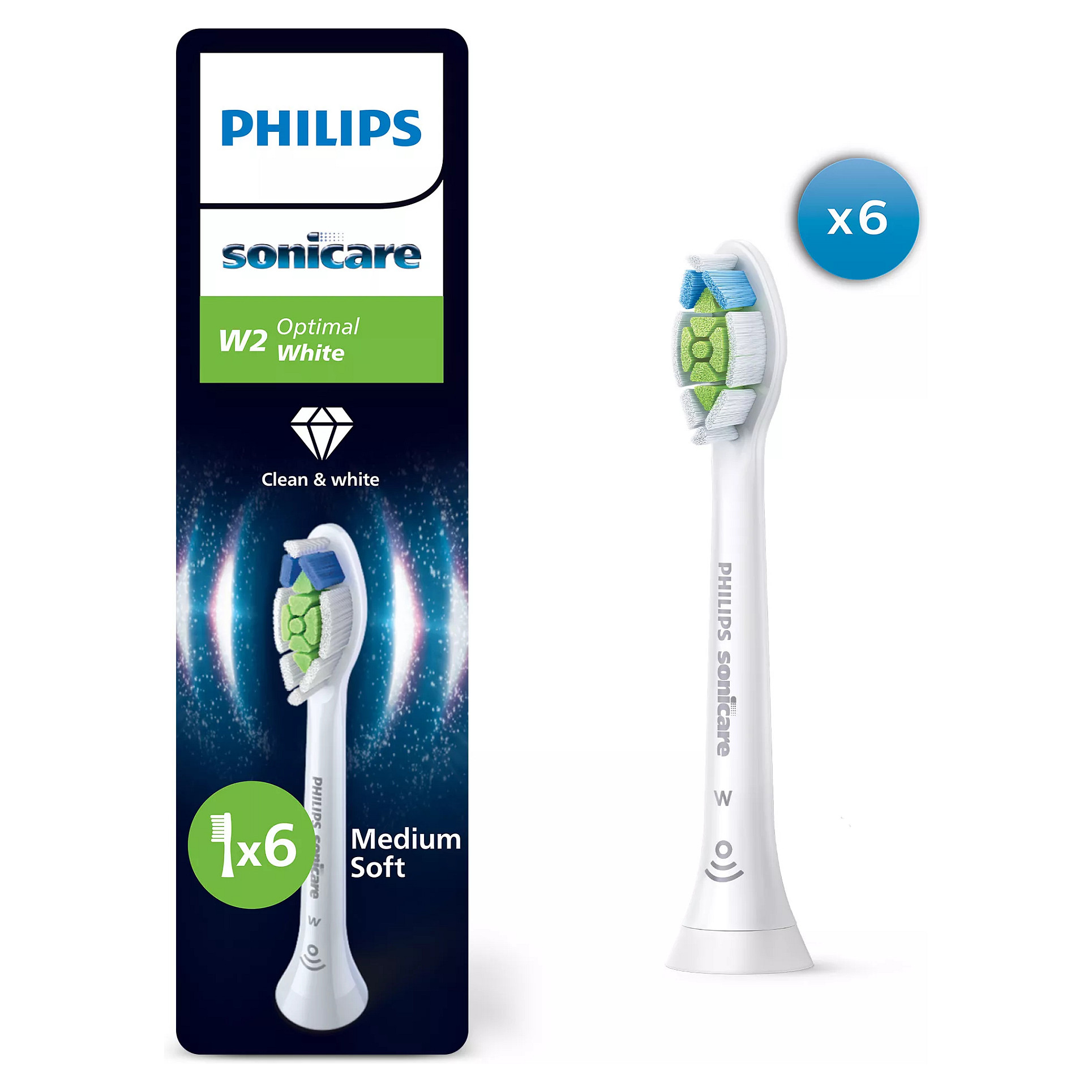 Koka zëvendësuese për furçë elektrike Philips Sonicare W2 Optimal White / 6 copë / Standard / Click-on / BrushSync / Whitening – Bardhë