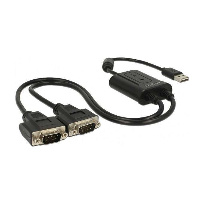 Adapter DeLOCK 63950, USB 2.0 EASY-USB Type-A mashkull në 2x Serial RS-232 DB9 mashkull, 0.6 m - Zezë