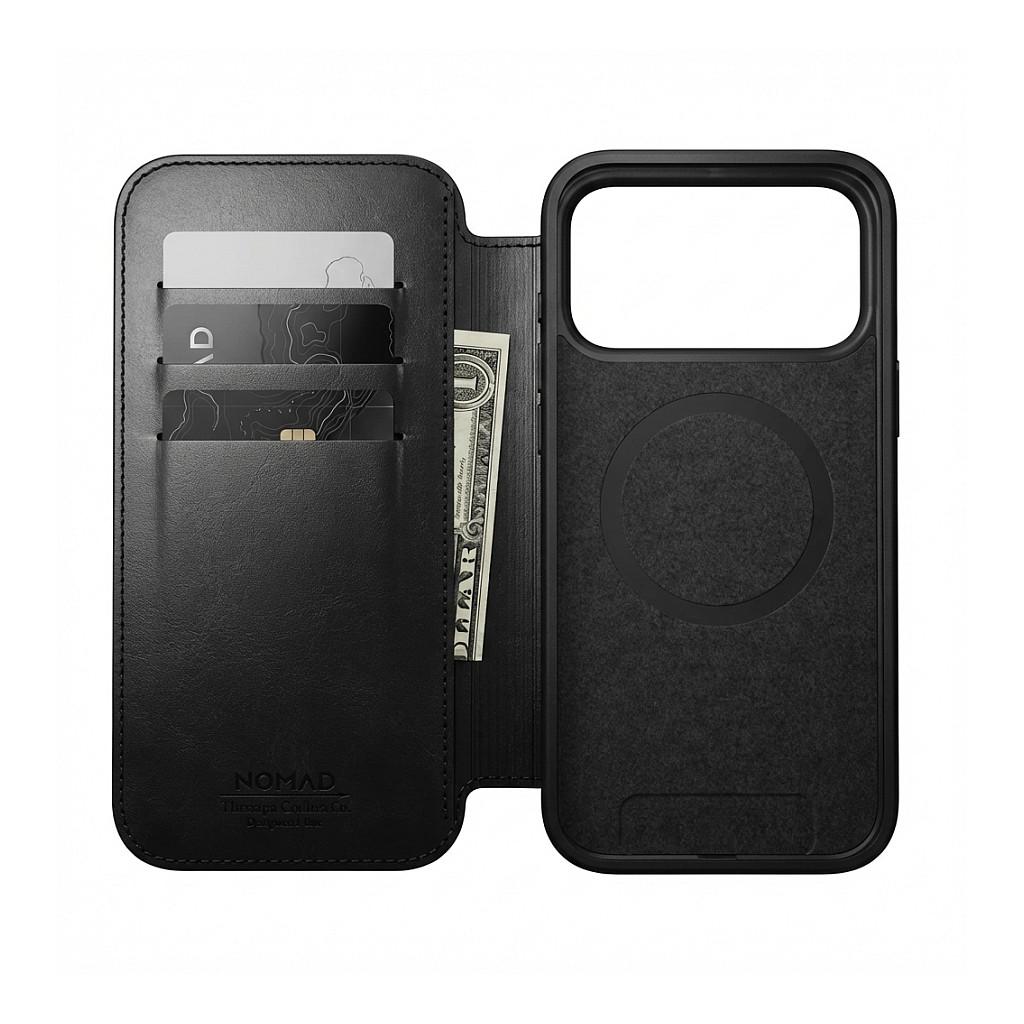 Case për Telefon Nomad Modern Leather Folio, iPhone 17 Pro, Lëkurë Horween, MagSafe, Qi2, 3 Vende për Karta - Zezë