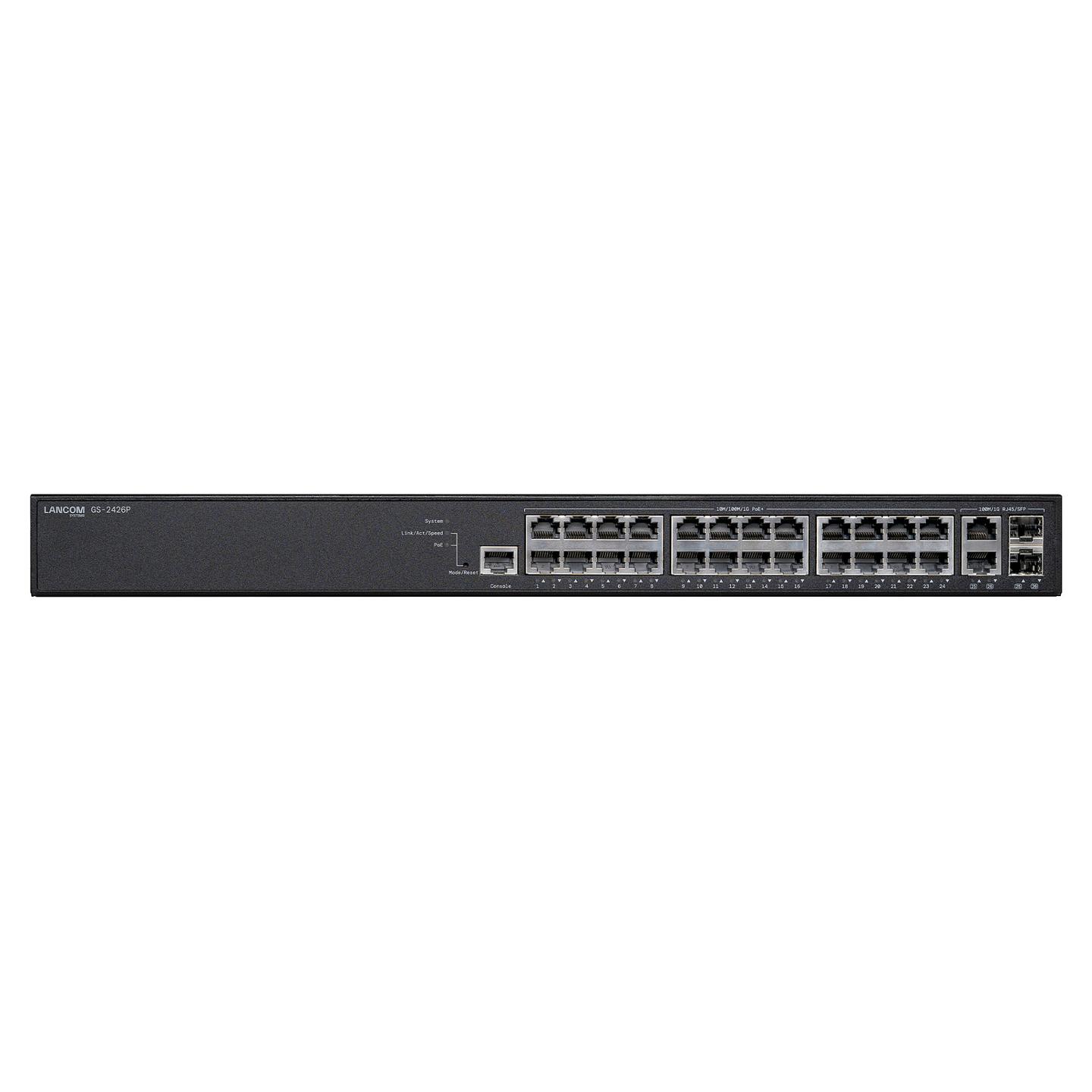 Switch LANCOM GS-2426P, 24x Gigabit Ethernet RJ45 PoE+, 2x Combo RJ45/SFP, PoE 185W, 52Gbps, Layer 2 Managed, Rack 1U - Zezë