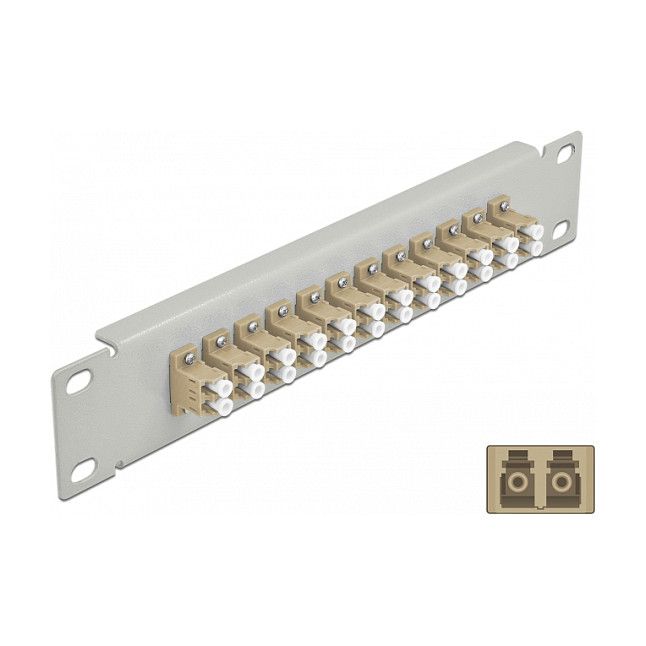 Delock 66788 – Patch Panel Fiber Optik, 12-Port LC Duplex, Multimode OM1/OM2, 10", 1U – Gri