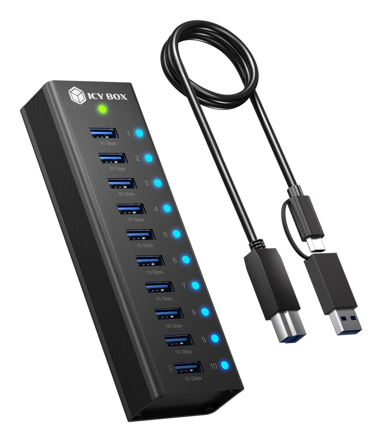 Hub USB ICY BOX IB-AC6110a, 10x USB-A 3.2 Gen 2, 10 Gbps, Portë për Karikim, Korpus Alumini – Zezë
