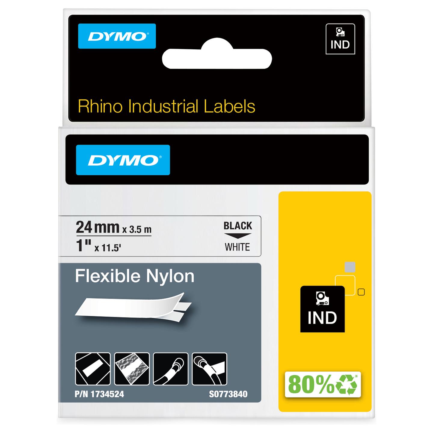 Shirit për Printer Label Dymo Rhino 1734524, najlon fleksibël, 24 mm × 3,5 m, tekst i zi në sfond të bardhë