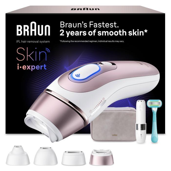 Makinë Depilimi Braun Skin i·expert PL7432, IPL, Smart SkinProtect, 3 Nivele, 4 Koka - Bardhë, Rozë