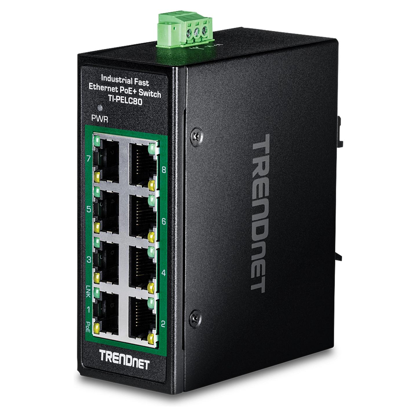 Switch Industrial TRENDnet TI-PELC80, 8× Fast Ethernet 10/100Mbps PoE+, PoE 200W, Switching Capacity 1.6Gbps, DIN Rail – Zezë