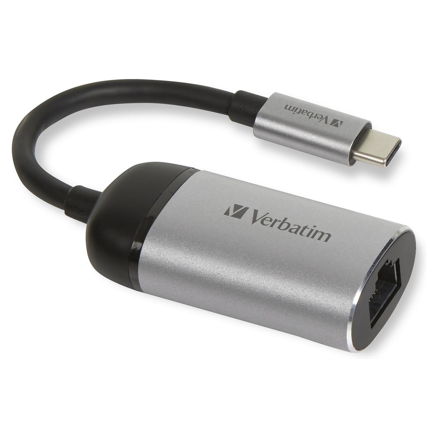 Adapter Verbatim 49146, USB-C në Gigabit Ethernet RJ-45, USB 3.1 Gen 1, 1 Gbps, Kabllo 10 cm – Zezë/Argjend