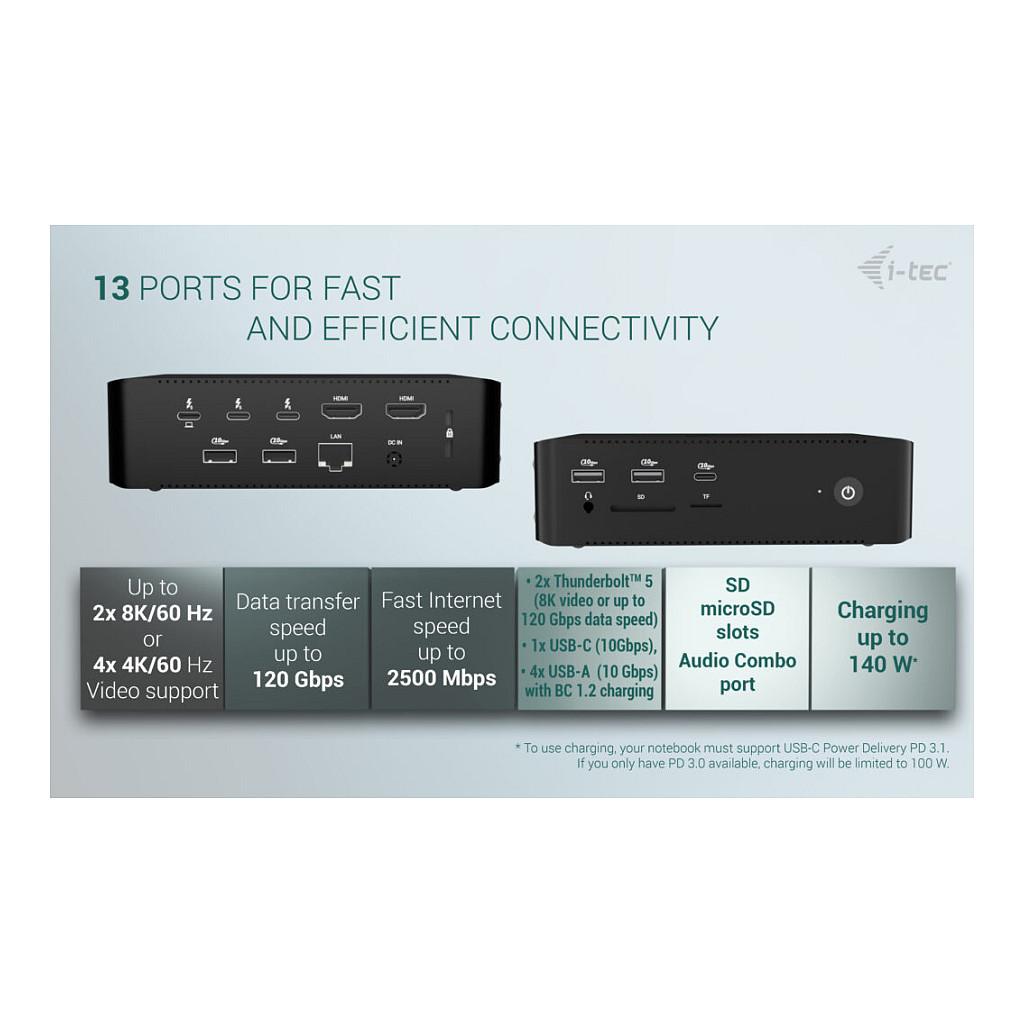 Docking Station i-tec TB5QUATTRODOCKPD, Thunderbolt 5, Power Delivery 140W, 5x USB, 2.5GbE LAN, SD/TF, Audio 3.5mm, deri në 4 monitorë - Zezë - 12