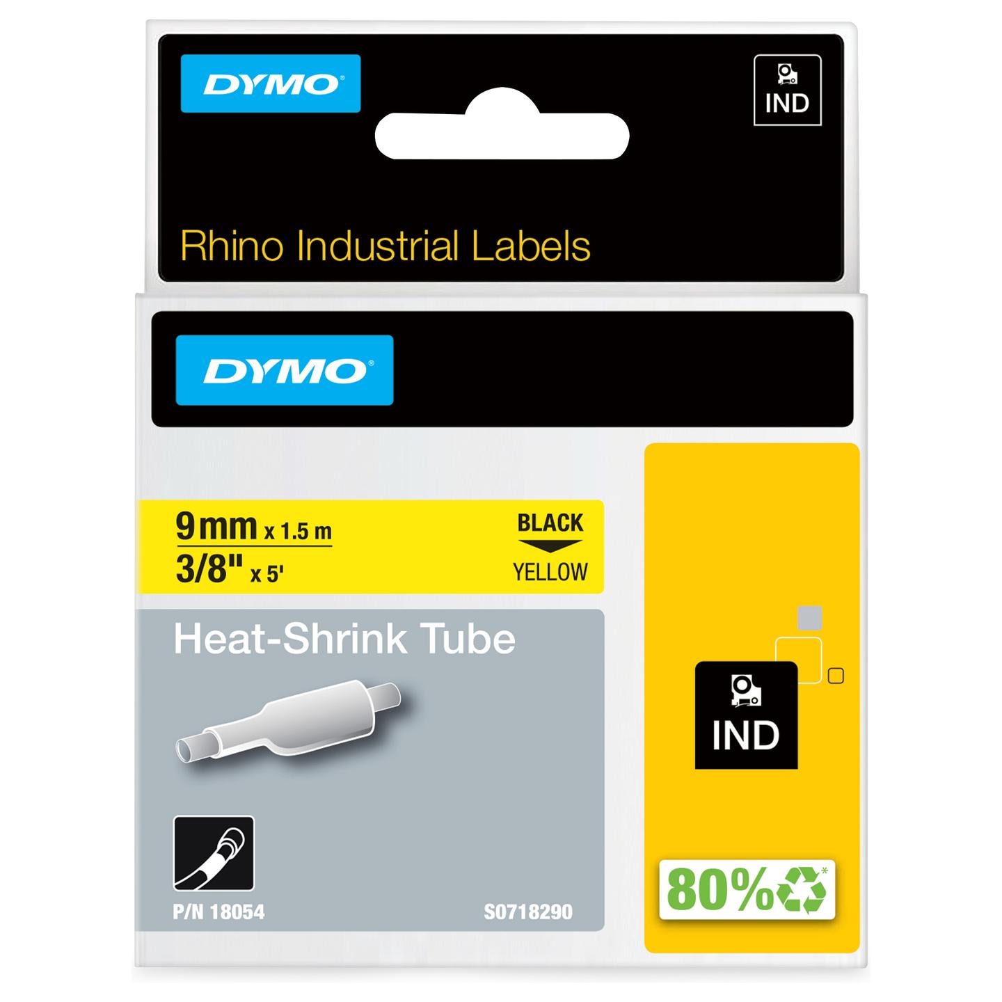 Shirit për Printer Label Dymo Rhino 18054, tub termokurres, 9 mm × 1,5 m, për kabllo me diametër 1,73–3,73 mm, tekst i zi në sfond të verdhë