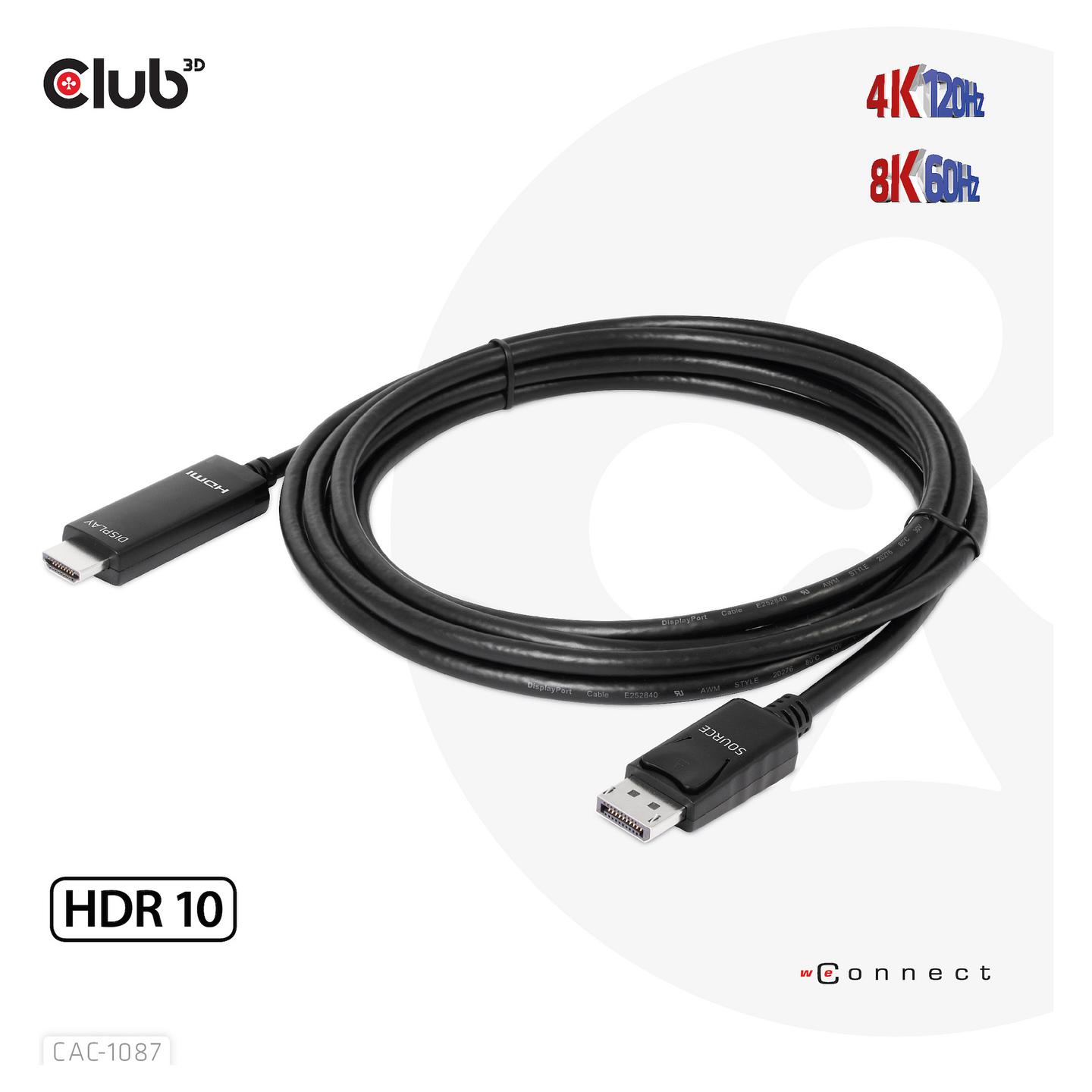 Kabllo DisplayPort Club 3D CAC-1087 / DisplayPort 1.4 në HDMI 2.1 / 3m / 8K 60Hz / 4K 120Hz / HDR10 - Zezë - 6