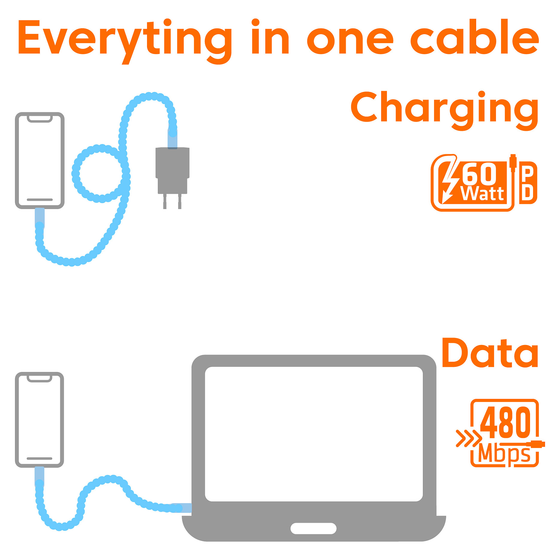 Club3D Lifestyle Kabllo USB‑C / PD 60W / 480 Mbps / 2.0m - Blu - 5