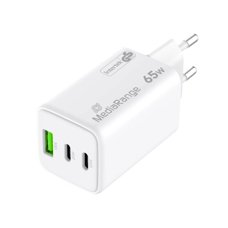 Karikues MediaRange MRMA116-2 / GaN / 65W / 2x USB-C / USB-A / PD 3.0 / QC 3.0 - Bardhë - 3