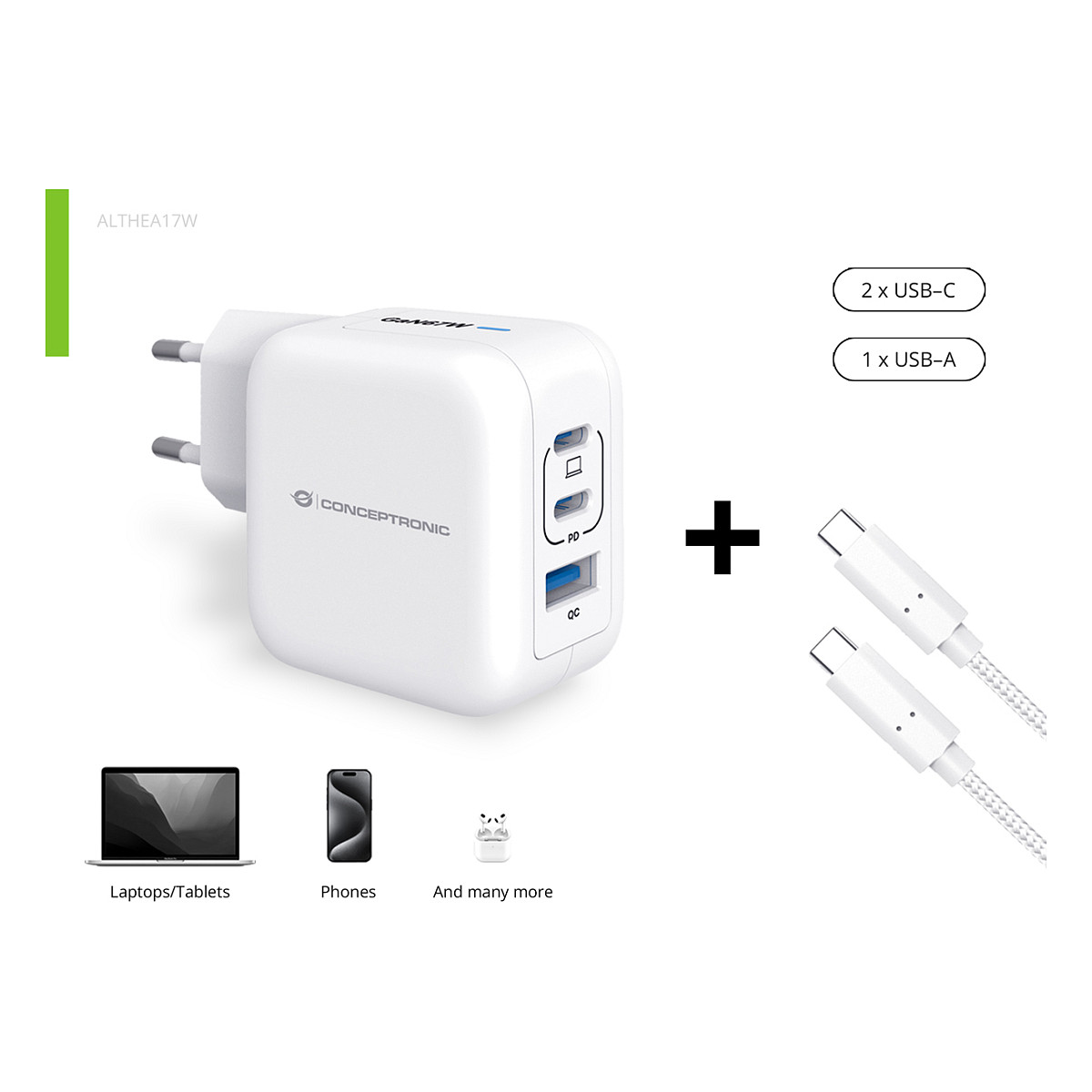Adapter Conceptronic GaN / 3‑Port (2×USB‑C + 1×USB‑A) / 67W / PD3.0 + PPS – Bardhë - 4