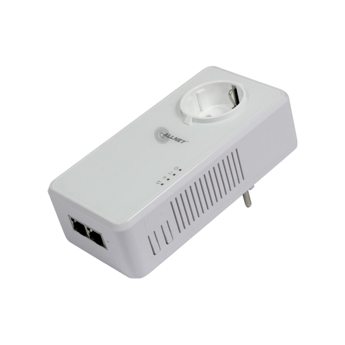 Power-LAN ALLNET ALL1681211v2, 1200Mbps, HomePlug AV2, MIMO, Wi-Fi AC, 2× Gigabit Ethernet, Prizë Passthrough 16A - Bardhë