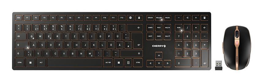 Combo (Tastierë & Maus) CHERRY DW 9100 SLIM / JD-9100DE-2 / Wireless / Bluetooth + 2.4GHz / DE QWERTZ / 105+6 Butona – Zezë/Bronz