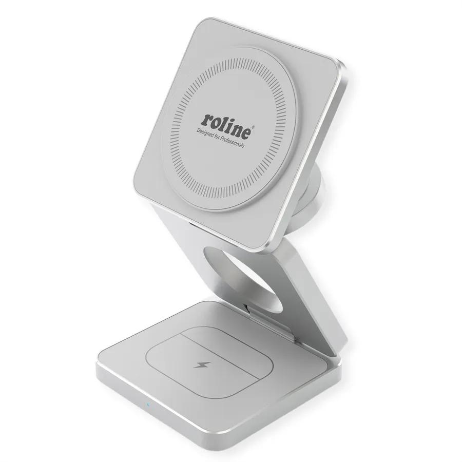 Karikues pa kabllo ROLINE 19.11.1007 / 3-in-1 / Qi / MagSafe / 15W / USB-C - Argjend