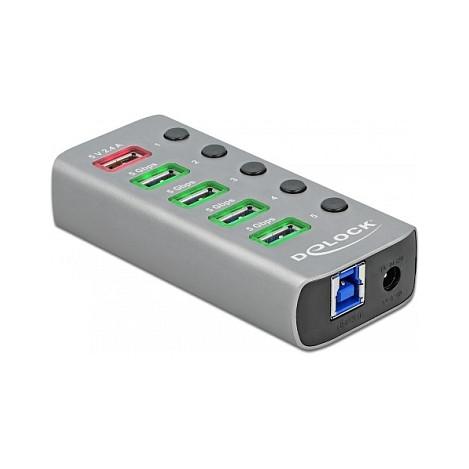 Hub DeLOCK 63263, 4x USB-A, USB 5Gbps, USB-A Karikim 2.4A, USB-C PD 3.0, 5x Ndërprerës, Furnizim i Jashtëm - Gri - 1
