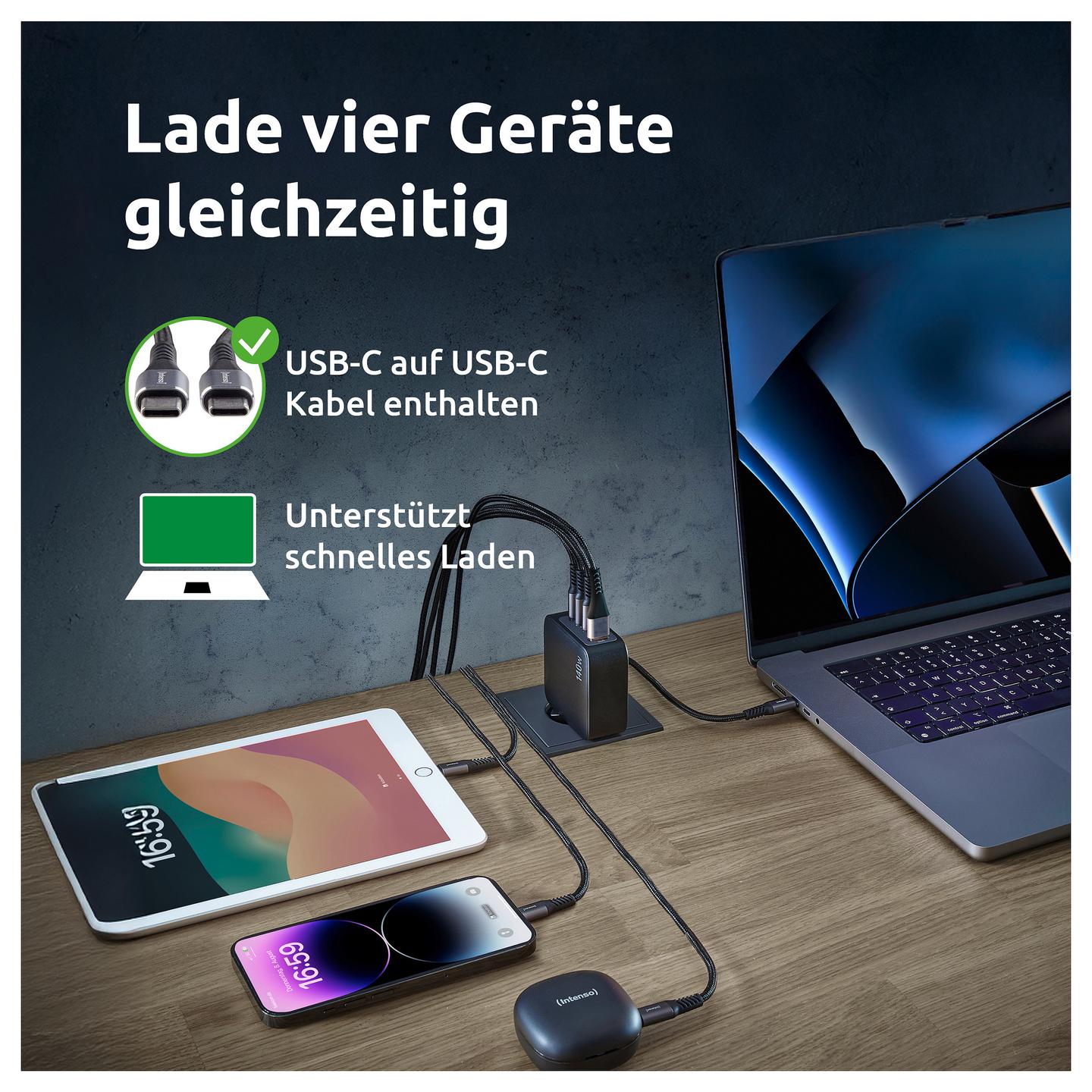 Karikues Intenso Energy Adapter W140A3C GaN, 140W, USB-C, Kabllo USB-C 2m - Zezë - 3
