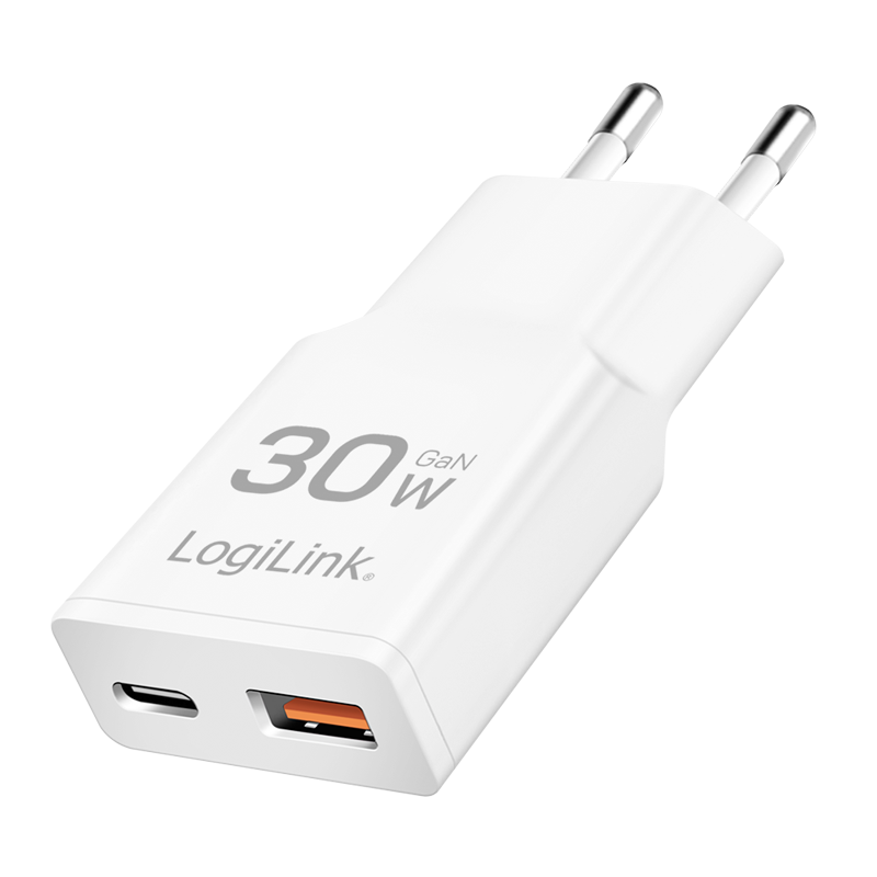 Adapter LogiLink PA0348 / 30W / GaN / 1x USB-A QC / 1x USB-C PD / Slim – Bardhë
