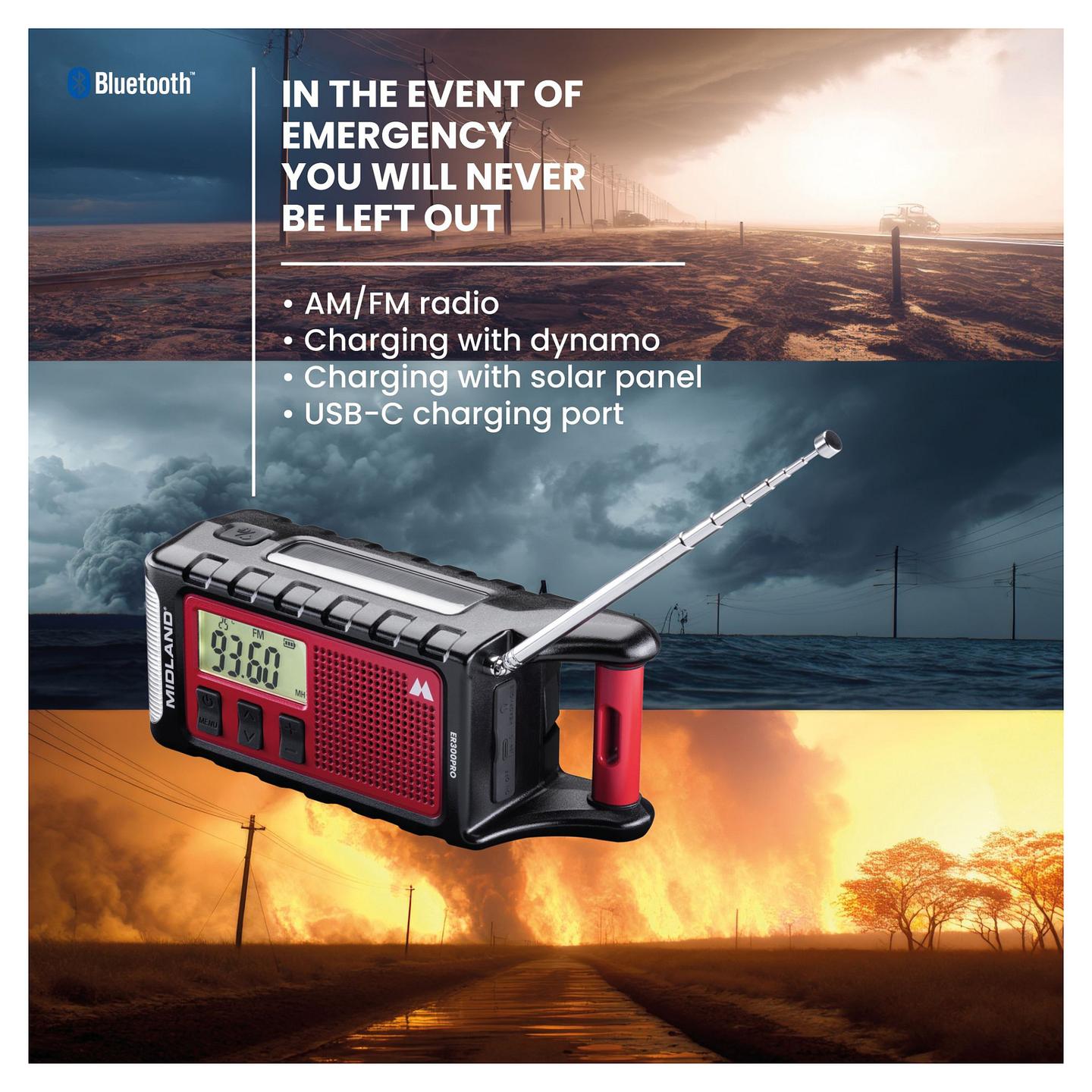 Radio Emergjence Midland ER 300 Pro, Bateri Li-Ion 10.000 mAh, USB-C – Zezë, Kuqe - 4