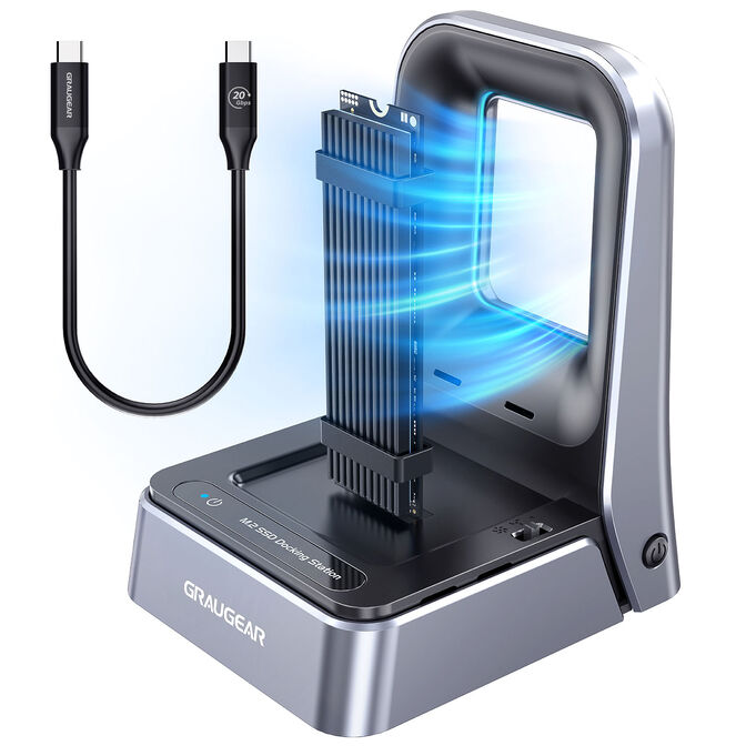 Docking Station për SSD M.2 GRAUWEAR G-M2DK2-20G / USB 3.2 Gen 2x2 / NVMe PCIe x4 / SATA / 20Gbps / 2230-22110 / Active Cooling / USB-C - Argjend/Zezë - 2