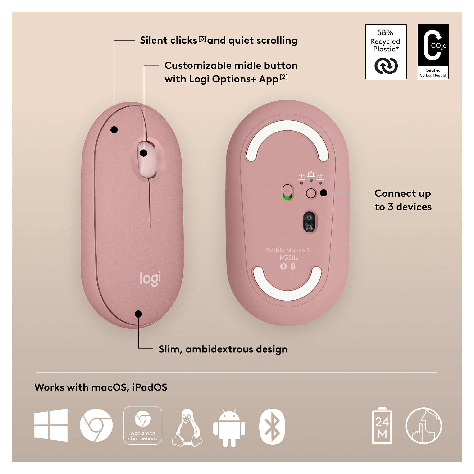 Maus Pa Kabllo Logitech Pebble Mouse 2 M350s / 3 Butona – Rozë - 6