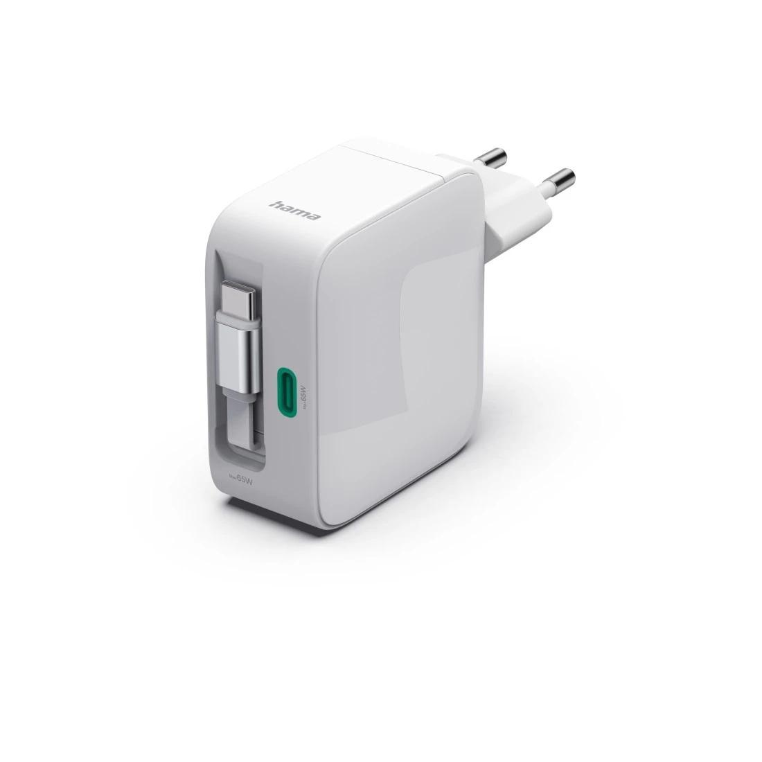 Adapter Rryme Hama 00201957 / USB-C / 65W / GaN / Kabllo e Integruar - Bardhë