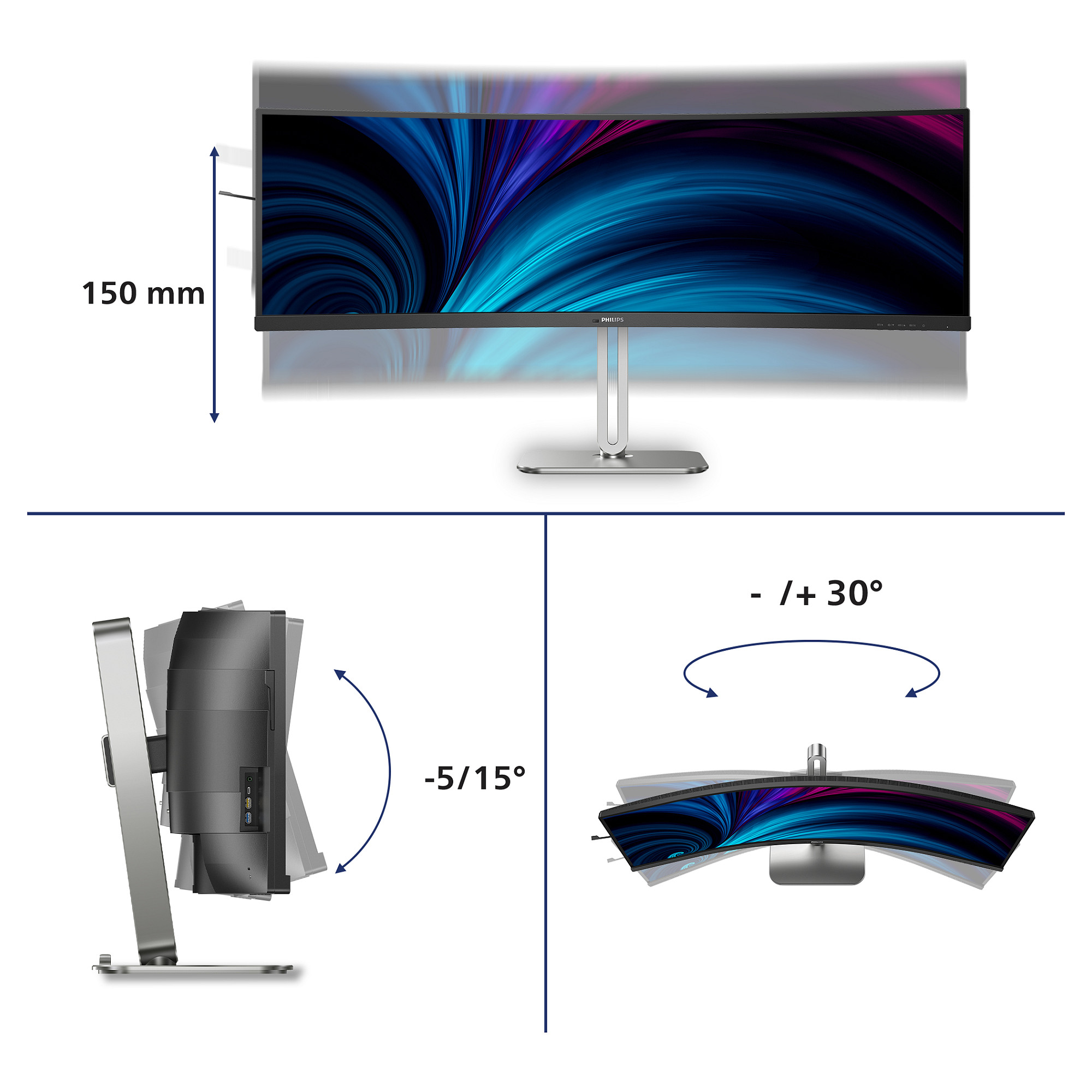 Monitor Philips 49B2U5900C/00 / 49"/ Dual QHD VA LCD Curved / 75Hz / 4ms / HDMI+DP+USB-C -Zezë/Argjendi - 3