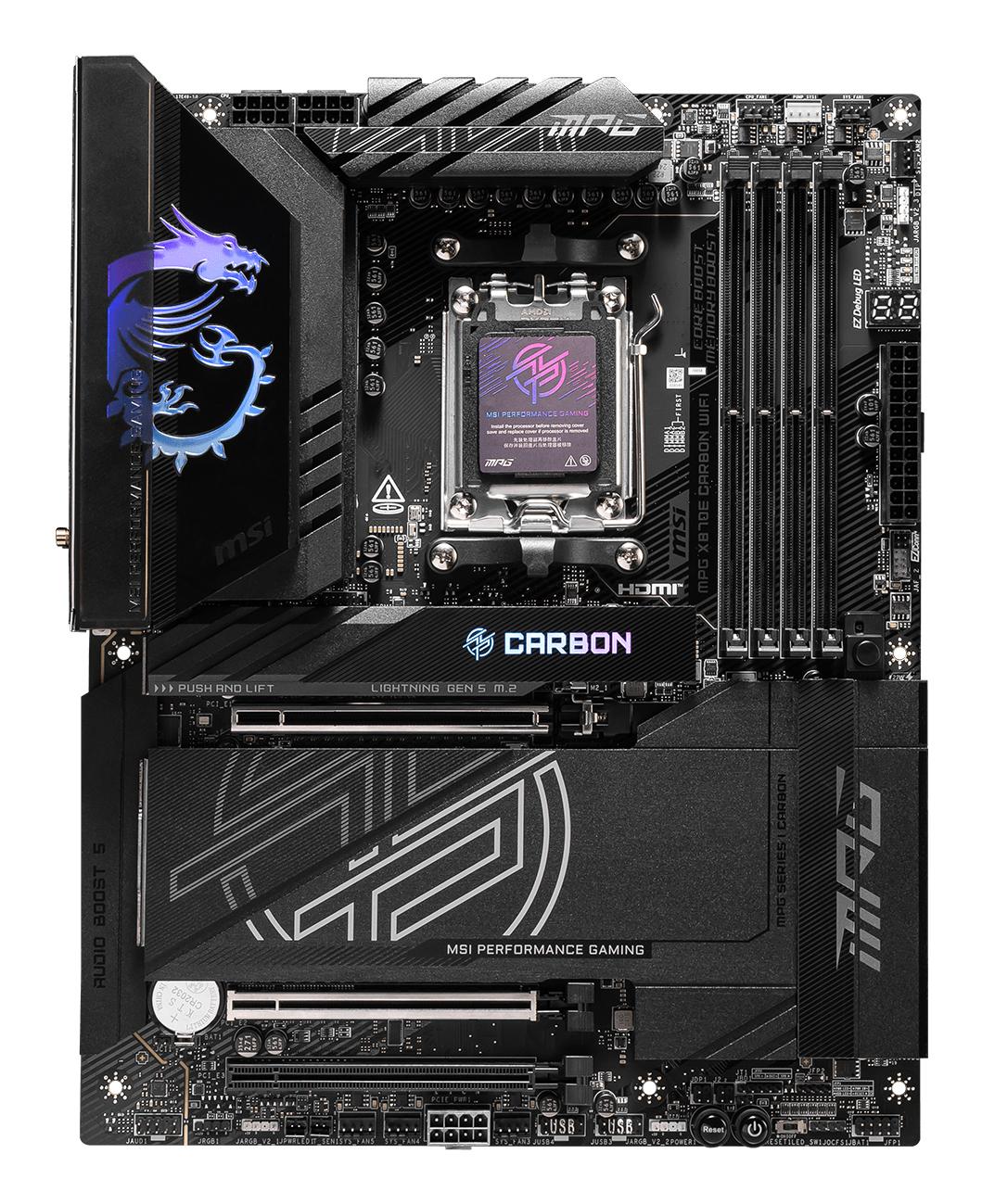 Pllakë Amë MSI MPG X870E CARBON WIFI / 7E49-001R / AMD AM5 / X870E / DDR5 / ATX / Wi-Fi 7 / LAN / PCIe 5.0
