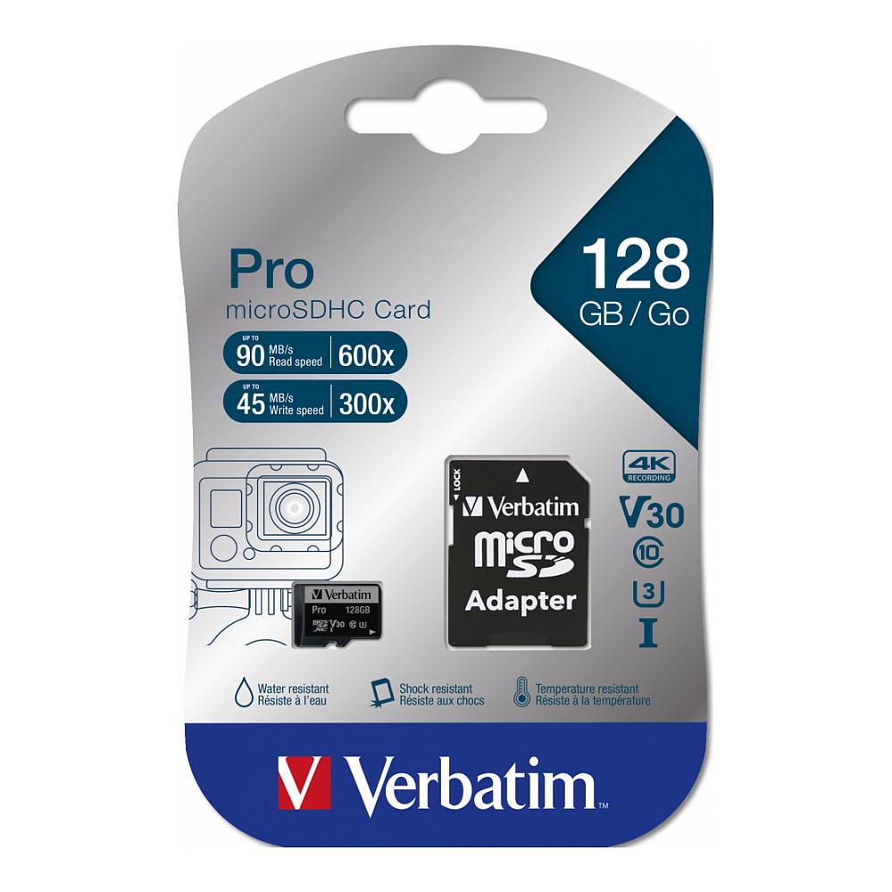 Kartë Memorie microSDXC Verbatim Pro, 128GB, Class 10, UHS-I, U3, V30, me Adapter SD - Zezë