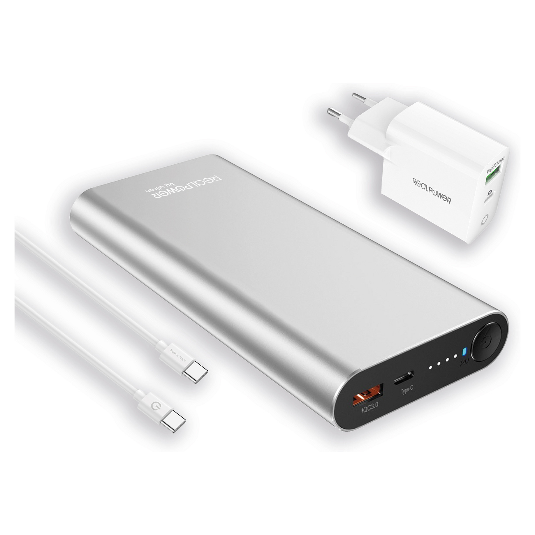 Powerbank RealPower PB-20000PD / 20000mAh / Quick Charge 3.0 / USB-A + USB-C – Argjendtë