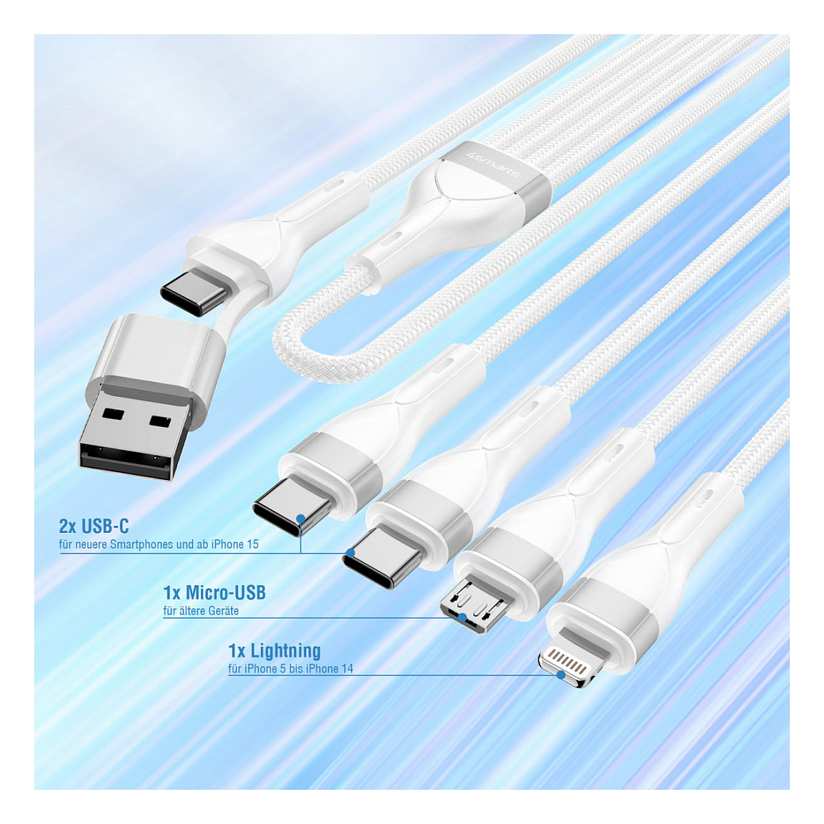 Kabllo USB 4smarts USB-C/A Multi-Charging Cable 4-in-2 / 1.2m – Bardhë - 4