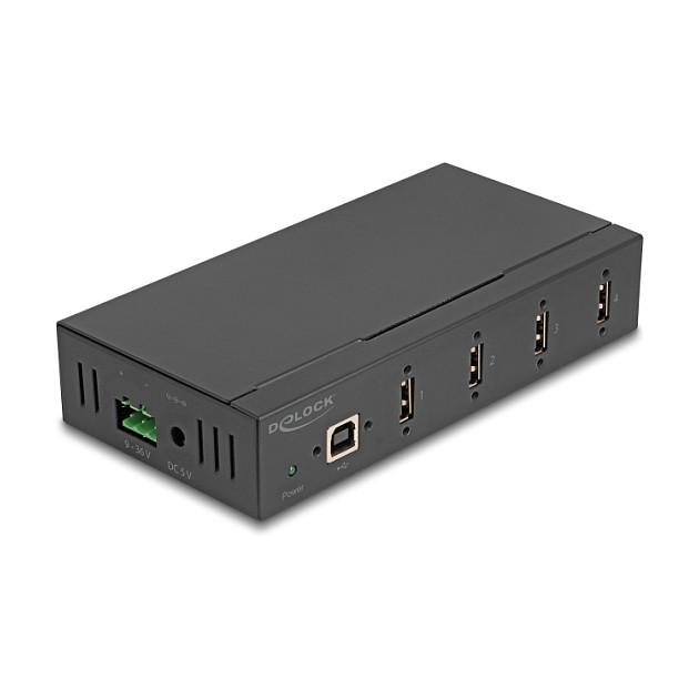Hub USB Industrial DeLOCK 60686, 4x USB 2.0 Type-A, USB Type-B, 480 Mbps, Mbrojtje ESD 15 kV, Montim DIN – Zezë