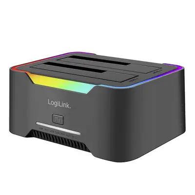 Këllëf për Disqe LogiLink QP0036, 2-Bay, SATA HDD/SSD 2.5", 3.5", USB-C 3.2 Gen 1, RGB – Zezë