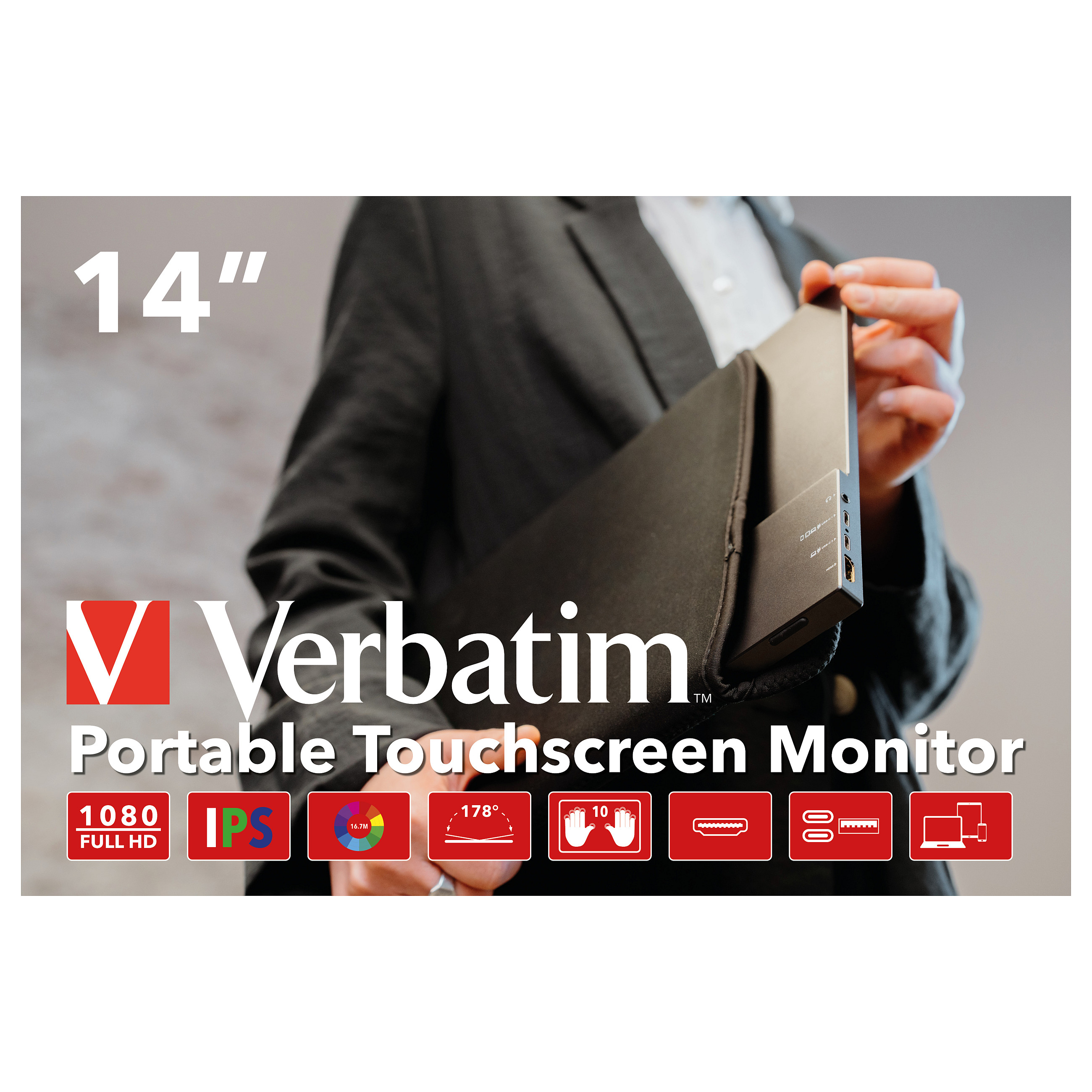 Monitor Verbatim PMT-14 / 14″ / FHD TFT/IPS LCD Touchscreen / 6ms / HDMI + USB-C - Zezë - 7