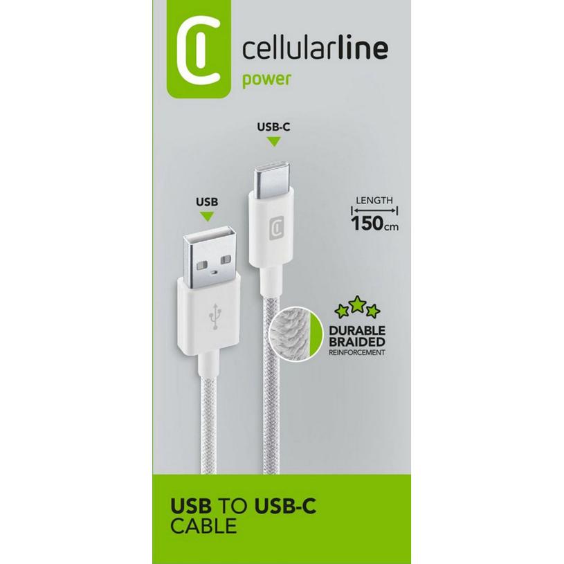 Kabllo USB Cellularline USBDATABRATOC15W, USB-A në USB-C, USB 2.0, 1,5m, Braided - Bardhë
