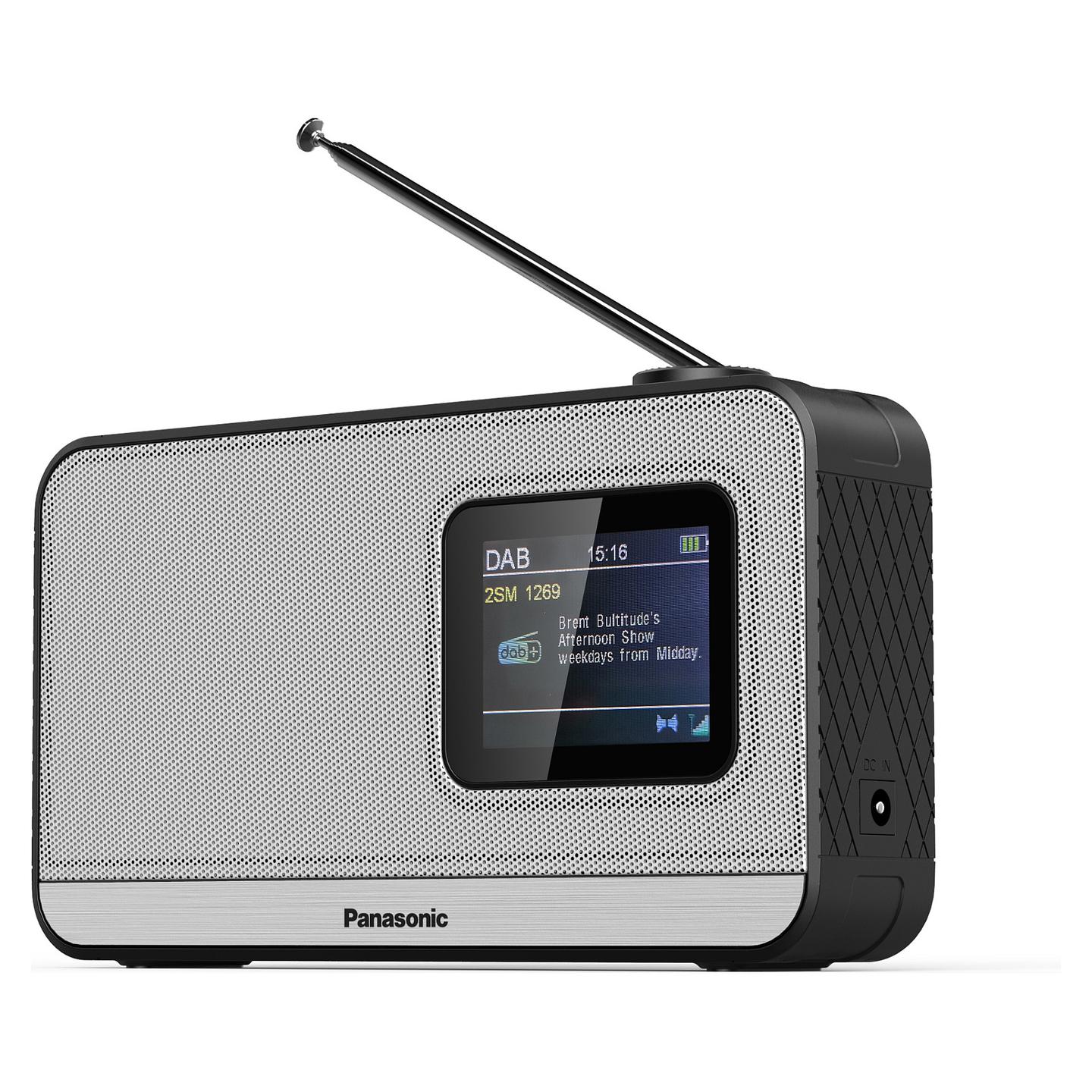 Radio portative Panasonic RF-D15, DAB+, FM, Tuner digjital, 3 W RMS, Ekran LCD 2,4", Kontroll rrotullues i volumit, Bateri AA - Zezë, argjend - 2