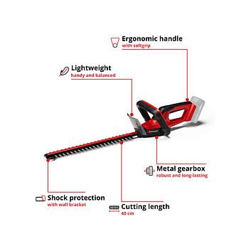 Gërshërë për Gardh me Bateri Einhell GC-CH 18/40 Li Solo, 18V, Gjatësi Prerjeje 40cm, 2400 Prerje/min - Kuqe/Zezë - 11