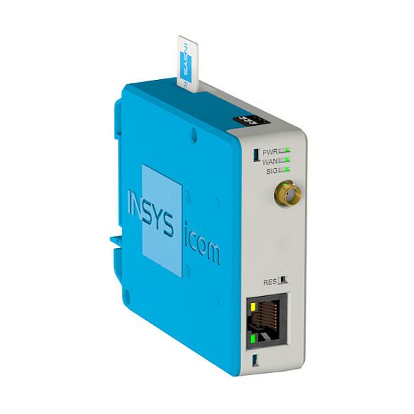 INSYS icom MIRO-L100, Ruter Industrial 4G LTE Cat 1, deri në 10 Mbps, 1× Fast Ethernet 10/100 Mbps, Mini-SIM, DI/DO, VPN, Montim në DIN-Rail – Gri/Blu - 1