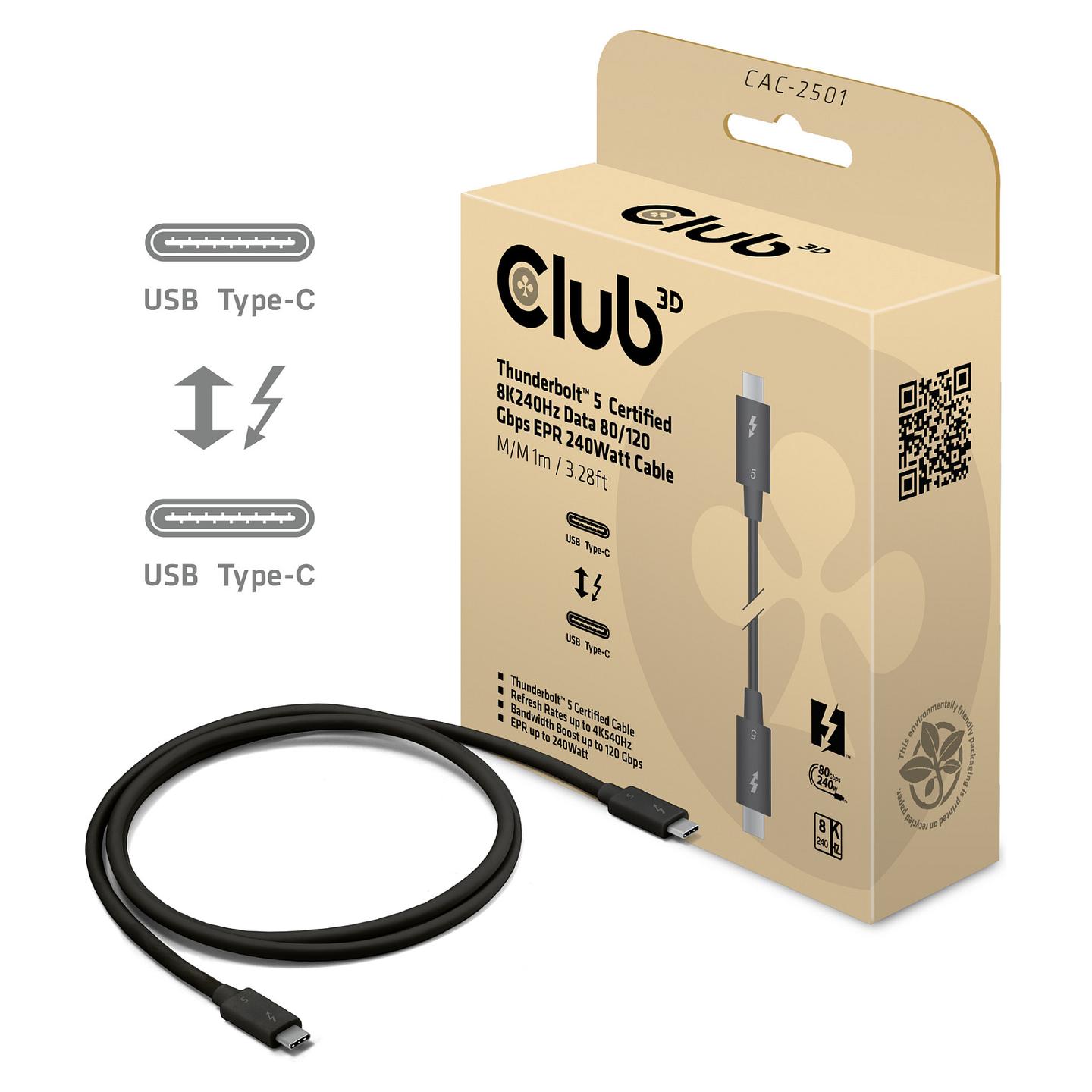 Kabllo USB CLUB3D CAC-2501, Thunderbolt 5, USB-C në USB-C, 80/120 Gbit/s, 240W, 1m - Zezë
