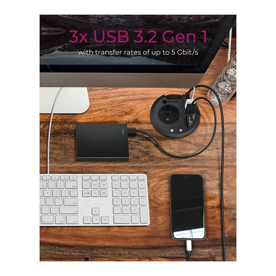 Hubs ICY BOX IB-HUB1430-CR, USB 3.2 Gen 1, 2x USB-A, 1x USB-C, SD/microSD, Audio 3,5mm, Prizë 230V - Zezë - 4